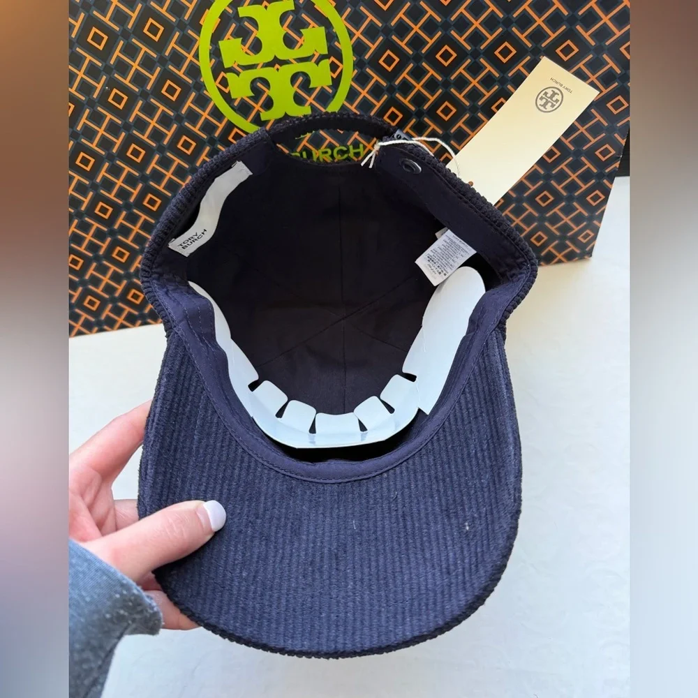 Tory Burch Corduroy Logo Cap Hat Tory Navy Blue